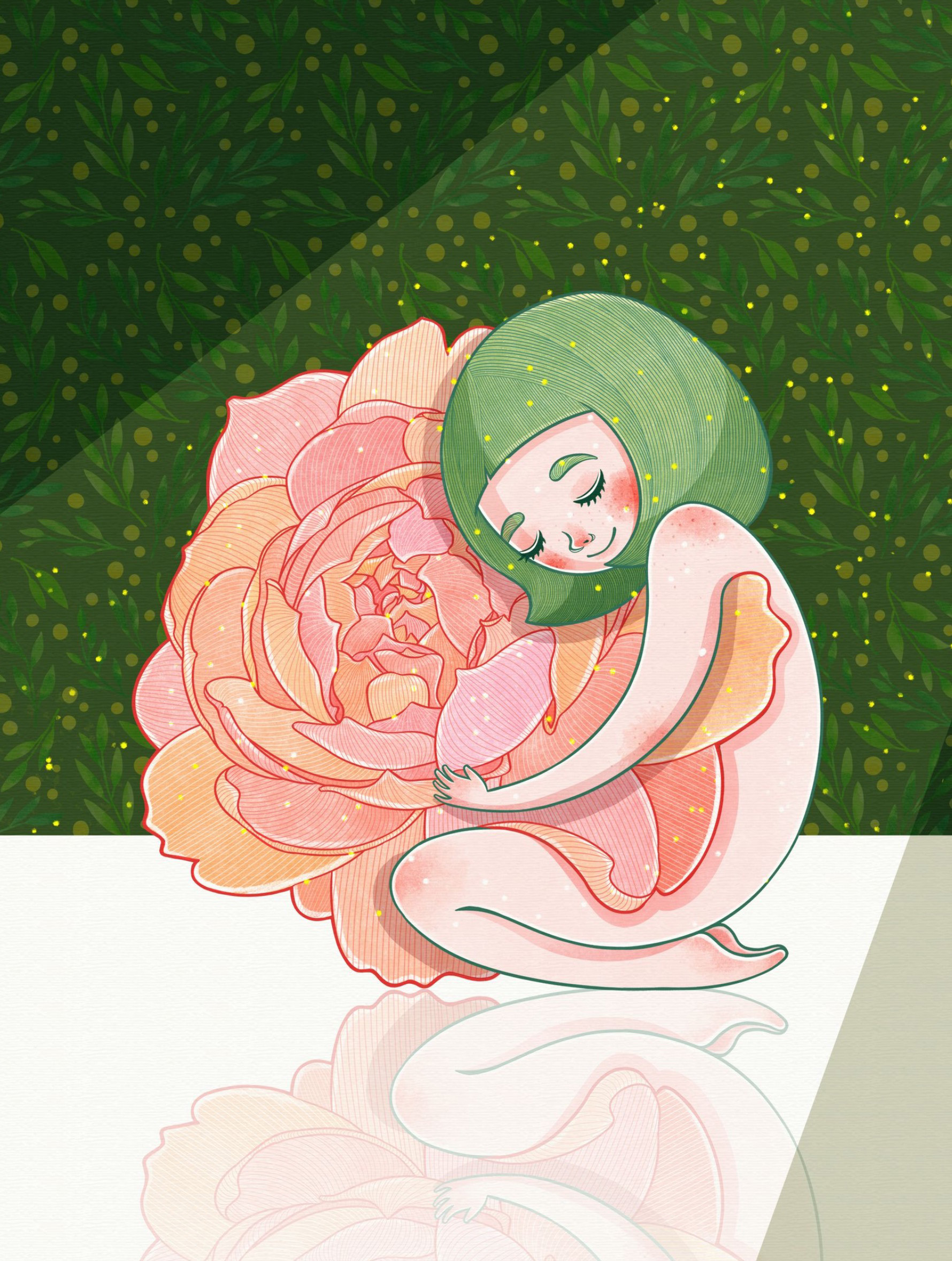 擁抱花朵的人物插畫，象徵與自己和解